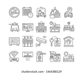 Room service black line icons set. Amenities for for guests signs. Hotel resort. Vacation. Reservation apartament.Pictograms for web page, mobile app, promo. UI/UX/GUI design elements. Editable stroke