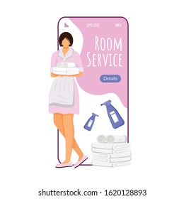 Cartoon Smartphone Vektorillustration App-Bildschirm für den Zimmerservice. Handy-Display mit Housekeeper-flachen Charakter-Design-Modell. Appartementreinigung bestellt. Telefon-Schnittstelle für Hotelanwendungen