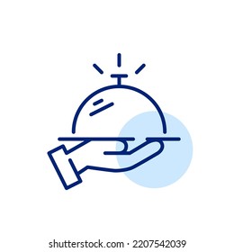 Room service. Hand holding restaurant cloche on a tray. Pixel perfect, editable stroke icon