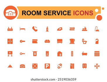 Room service icon set. Hospitality symbol, room, service, booking, filled icon set, solid icons set. Glyph icons for web and ui. Editable vector illustration.