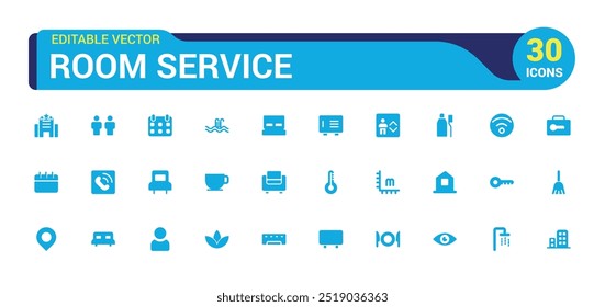Room service icon set. Hospitality symbol, room, service, booking, filled icon set, solid icons set. Glyph icons for web and ui. Editable vector illustration.