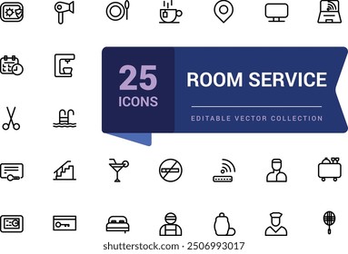 Room service icon set. Related to hotel, motel and hostel. Pixel perfect, minimalistic web and UI icon. Outline icon collections. Editable vector illustration.