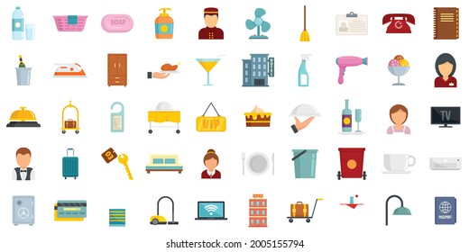 Symbole für den Zimmerservice. Flachset Zimmerservice Vektorsymbole einzeln auf weißem Hintergrund