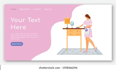 Room service landing page vector template. Hotel website interface idea with flat illustrations. Housekeeping homepage layout. Apartment cleaning. Maid web banner, webpage cartoon concept