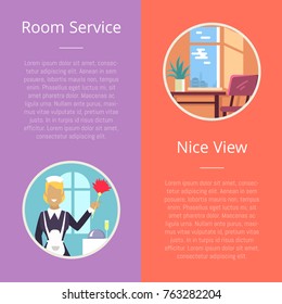 Room service and nice view visualization with housekeeper with cleaning stuff and clean neat hotel room. Vector illustration composed of two parts