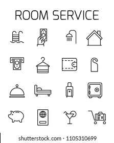 Room service related vector icon set. Well-crafted sign in thin line style with editable stroke. Vector symbols isolated on a white background. Simple pictograms.