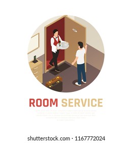 Room service round composition with waiter bringing tray of food to hotel room isometric vector illustration