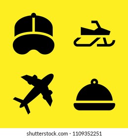 room service, snowmobile, plane diagonal silhouette and baseball cap vector icon set. Sample icons set for web and graphic design