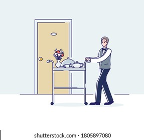 Room service worker carry trolley with dinner or breakfast to visitor room. Hotel catering concept. Hotel staff man in uniform deliver food to client. Linear vector illustration