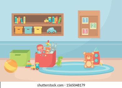 room shelf boards boxes ball carpet toys vector illustration