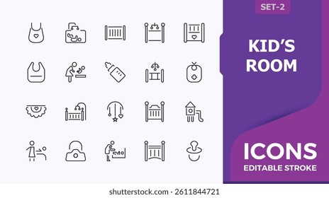 Kids’ Room simple icon set. It contains symbols to interior, room, furniture, child room, toys. Children Room icon. Minimalist icons collection. Editable stroke vector art.