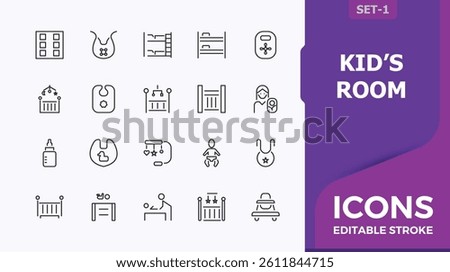 Kids’ Room simple icon set. It contains symbols to interior, room, furniture, child room, toys. Children Room icon. Minimalist icons collection. Editable stroke vector art.