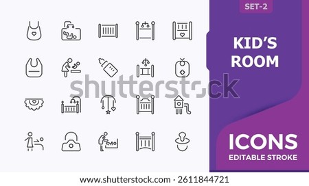 Kids’ Room simple icon set. It contains symbols to interior, room, furniture, child room, toys. Children Room icon. Minimalist icons collection. Editable stroke vector art.