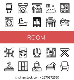 conjunto de iconos simples de la sala. Contiene iconos tales como Toilet, Lavadora, Chimenea, Bañera, Sillón, Cajón, Sala de Estar, Escritorio, Armario, se puede utilizar para web, móvil y logotipo