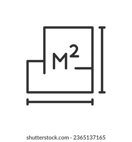 Room size square metres, linear icon. Room plan and length, width. Line with editable stroke