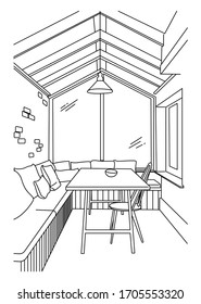 Esbozos de habitaciones, decoración interior. Esbozo simple en el comedor en blanco y negro