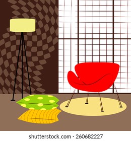 room with small red chair