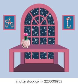 Room with a snowy window, a table and moon cactus in a ceramic pot vector illustration 