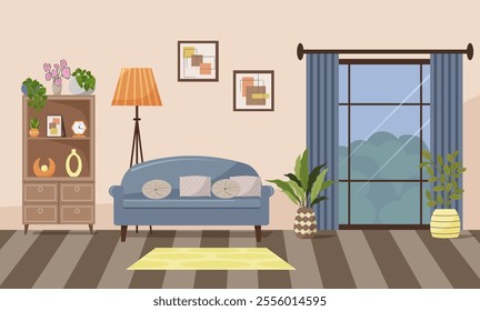 Room with sofa and armchair for rest. Cabinet for decorative items. Clock, photo in frame, vases. Living room interior. Decorative plants in pots. Vector illustration. Vector illustration