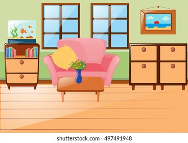 Habitación con sofá e ilustración de armarios