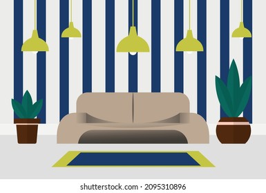 room with sofa and lamps on top. striped wall in the room. living room design. vector illustration, eps 10.