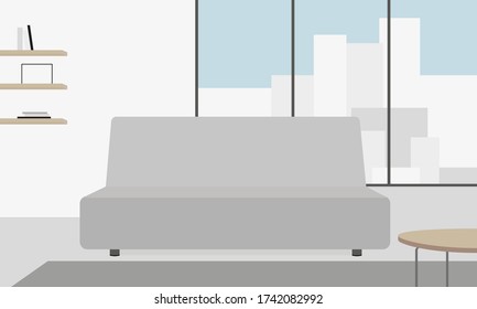 Room with a sofa, a panoramic window, shelves and a coffee table
