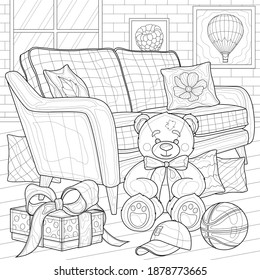 
Room with a sofa and a teddy bear.Coloring book antistress for children and adults.Zen-tangle style.Black and white drawing.