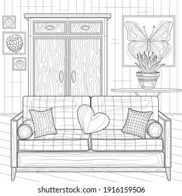 Room with sofa and wardrobe.
Interior.Coloring book antistress for children and adults. Zen-tangle style.Black and white drawing.Hand draw