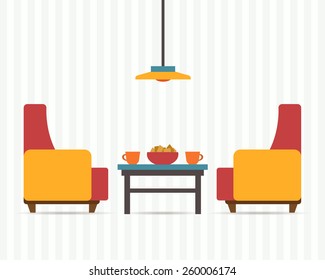 Room with soft chair with table and lamp. Flat style vector illustration.