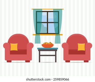 Room with soft chair with table and window. Flat style vector illustration.