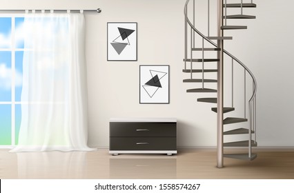 Room with spiral staircase. Empty living interior with curtained window, commode, pictures on wall and wooden floor. Modern home design with metal helical round ladder Realistic 3d vector illustration