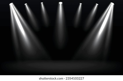 Room studio background with focus spotlight. Grey background with shining spotlights. Spotlights illuminate empty stage blue background.