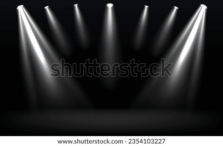 Room studio background with focus spotlight. Grey background with shining spotlights. Spotlights illuminate empty stage blue background.
