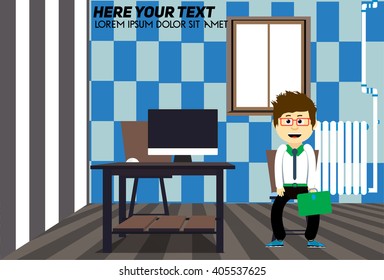 Room, table, chair. Flat Design Interior Living Room Vector Illustration. Workplace in room. modern interior. Business character in the room. Wooden desk with a computer. Chess procedure walls.