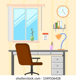 Room with table and chair. Workplace for teaching and learning. Vector illustration