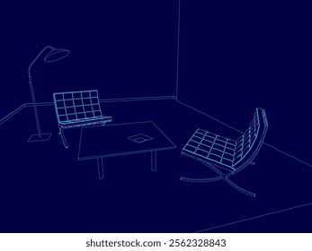 Room with a table and two chairs. The chairs are blue and the table is white. The room has a modern and minimalist design, with the blue chairs and white table creating a clean and simple look