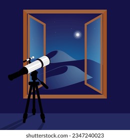 Room with telescope and big window illustration