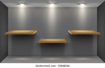 Room with three empty wooden shelf, illuminated by searchlights. Part of set. Vector interior.
