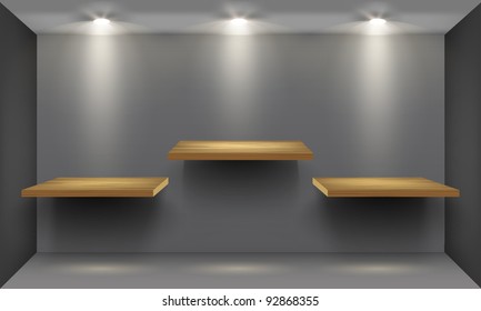 Room with three empty wooden shelf, illuminated by searchlights. Part of set. Vector interior.