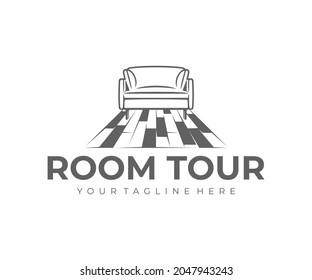 Room tour, interior, sofa and laminate floor, logo design. Home interior, furniture, living room and armchair, vector design and illustration