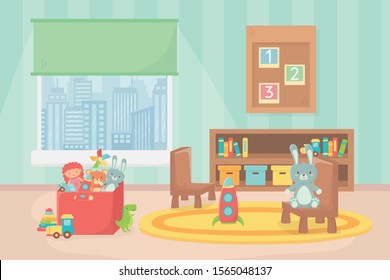 room toys board numbers shelf box chair window vector illustration