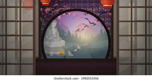 A room with a traditional Japanese sliding door. Room overlooking the forest. Cartoon style. Vector illustration