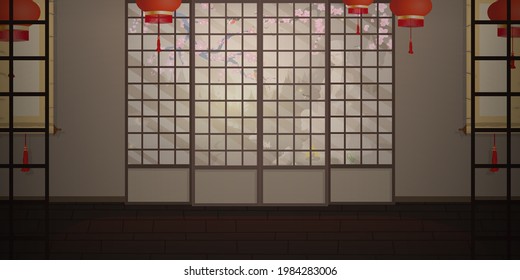 A room with a traditional Japanese sliding door. Cartoon style. 