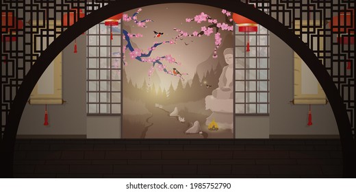 A room with a traditional Japanese sliding door. Cartoon style. Vector 
