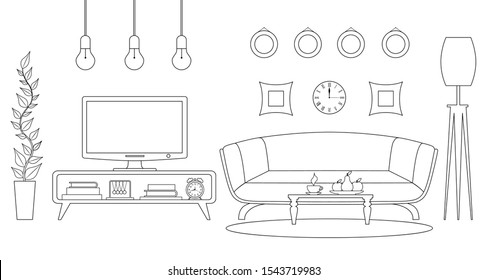 A room with a TV and furniture. Vector interior in outline style. Television area.