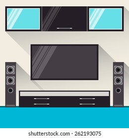 Room tv interior. Bright tv and speakers interior illustration. Trendy flat style with long shadows. Room interior, home television set and speakers. Television, tv, interior theme. Flat room and tv.