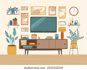 Quarto com TV na parede. Lugar para descansar e assistir a filmes. Interior com pinturas, flores, prateleira de TV e TV no centro. Ilustração de vetor plano.