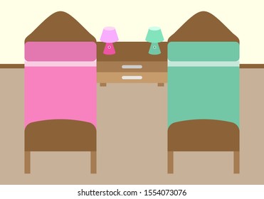 Room with two beds and a bedside table.