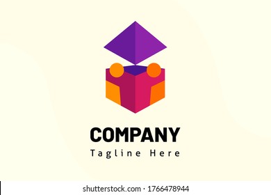 room with two people illustration template education logo for school, e-learning, class online, class, club study, study, library, learning.