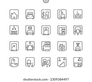 Room types. Bedroom, meditation room, work place, dressing room, kitchen, pets room. Home. Pixel Perfect Vector Thin Line Icons. Simple Minimal Pictogram